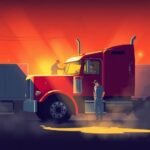 Truck driver and mechanic interacting beside a red semi-truck at sunset, emphasizing DOT Record Retention Requirements.