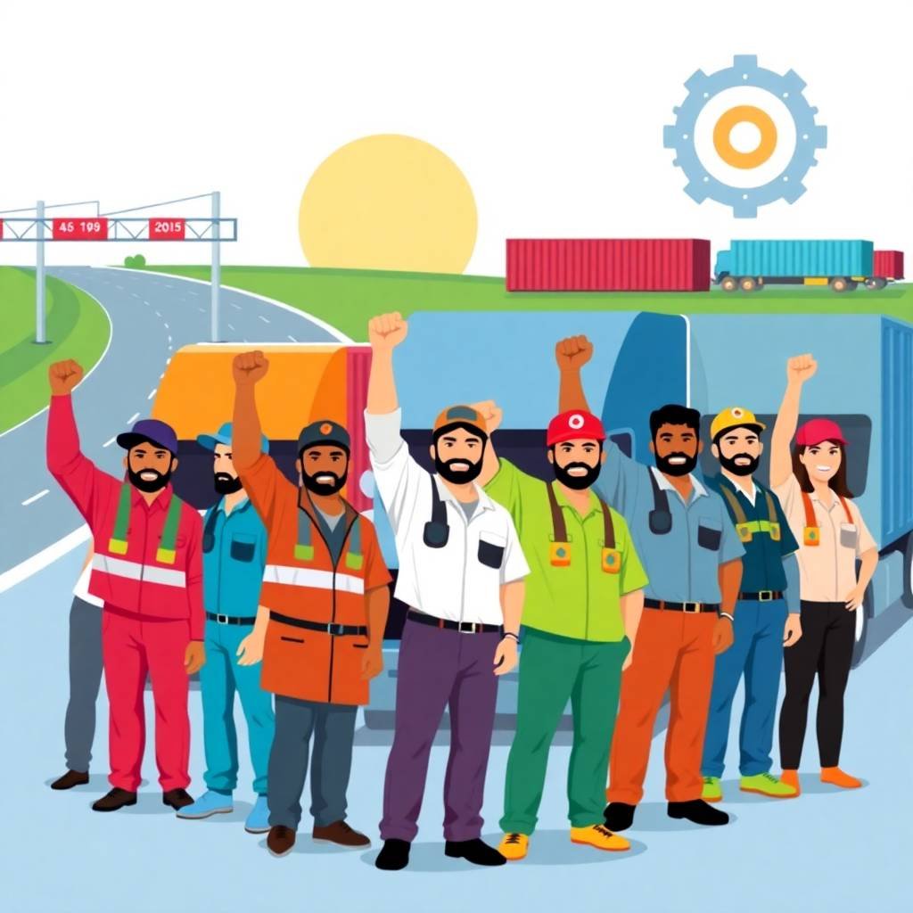 Group of truck drivers standing in solidarity in front of semi-trucks, symbolizing owner-operator compliance help