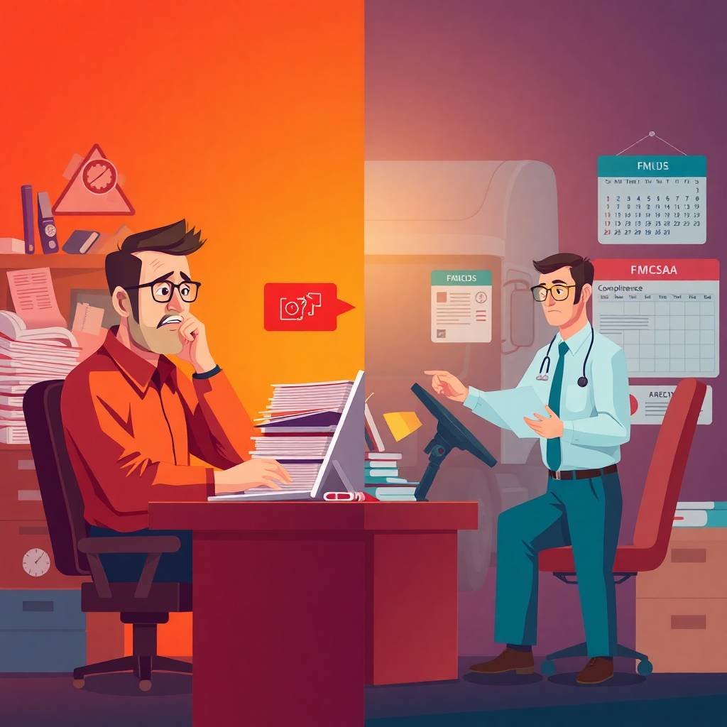 Split scene of a worried manager and a compliant driver, illustrating challenges in meeting Pre-Employment DOT Drug Testing Requirements