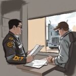 DOT officer and fleet manager reviewing Pre-Employment DOT Drug Testing Requirements inside a trucking compliance office