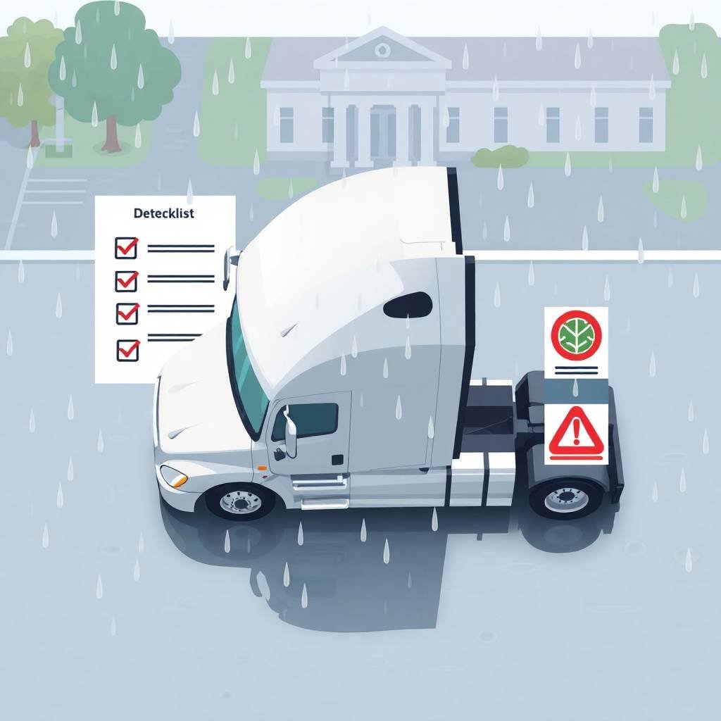 Semi-truck parked in rain beside checklist and DOT compliance icons, highlighting Pre-Employment DOT Drug Testing Requirements