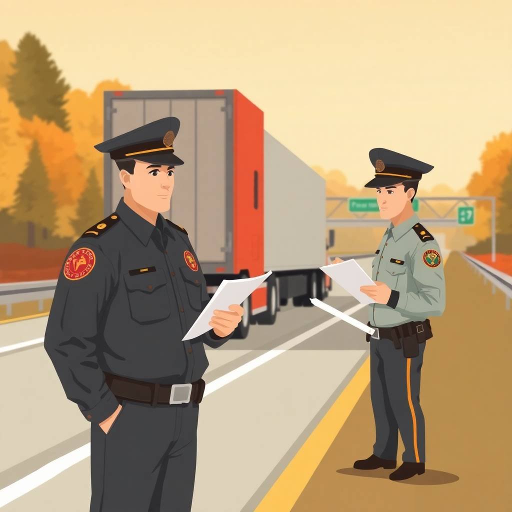 Officers conducting a roadside inspection with a semi-truck to ensure compliance with Pre-Employment DOT Drug Testing Requirements