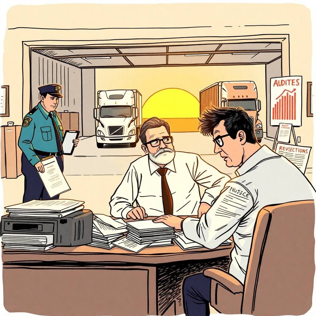 A hand-drawn scene of a stressed trucking owner with DOT officers and paperwork representing Pre-Employment DOT Drug Testing Requirements