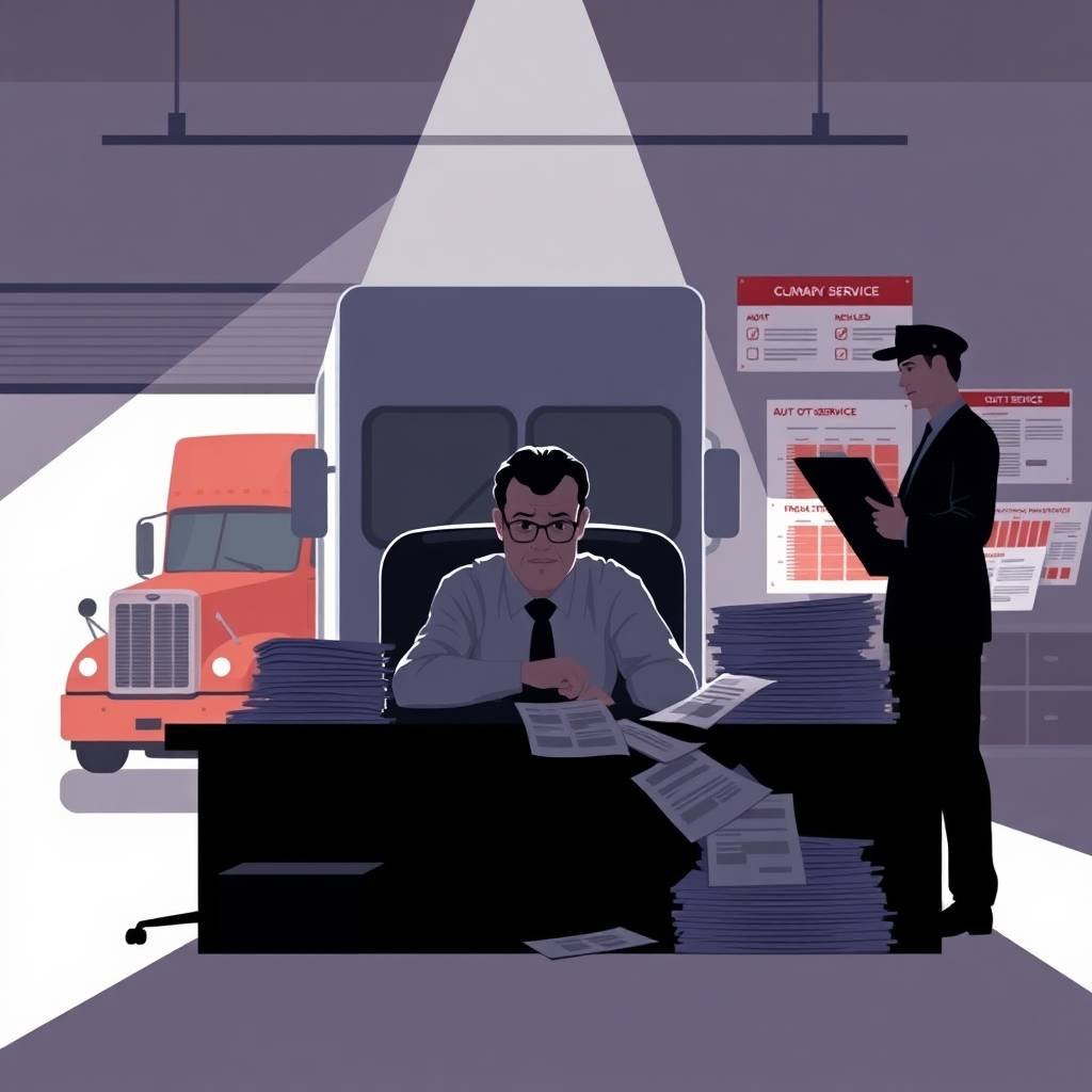 A DOT officer audits a trucking company office under spotlight conditions for Pre-Employment DOT Drug Testing Requirements