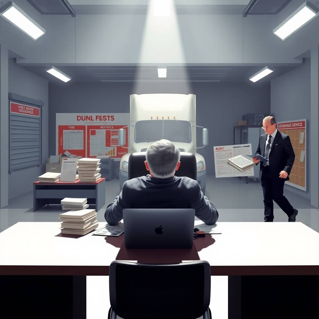 A modern trucking office with compliance charts, paperwork, and executives reviewing Pre-Employment DOT Drug Testing Requirements