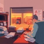 Trucking company owner reviewing paperwork at sunset with visible audit notices and Pre-Employment DOT Drug Testing Requirements documents