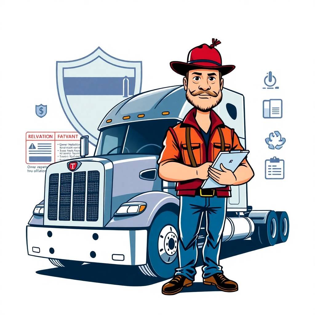 Privacy Policy truckers compliance hub cartoon of confident trucker beside compliance-ready semi-truck.