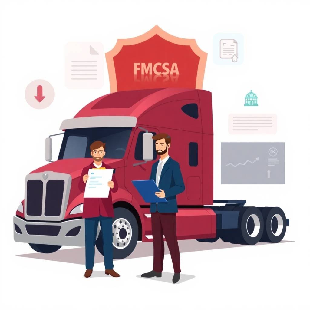 Privacy Policy truckers compliance hub illustration showing FMCSA compliance and document review near a red semi-truck.