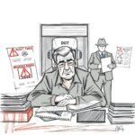 Illustration of a stressed trucking operator facing audit pressure over Random DOT Drug Testing Requirements