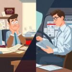 Split-screen showing a worried trucking manager at a messy desk and a calm driver reviewing documents, highlighting Random DOT Drug Testing Requirements