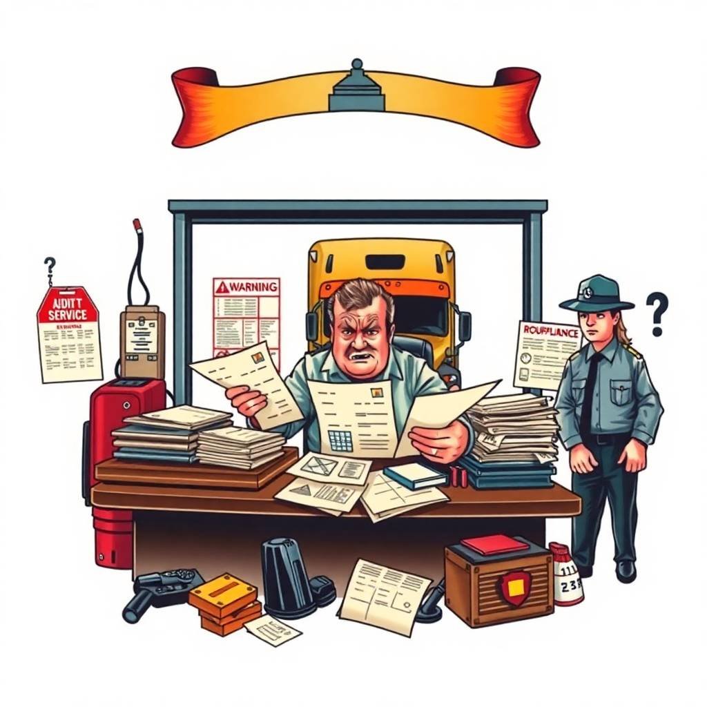 Frustrated trucking business owner overwhelmed with paperwork due to Random DOT Drug Testing Requirements