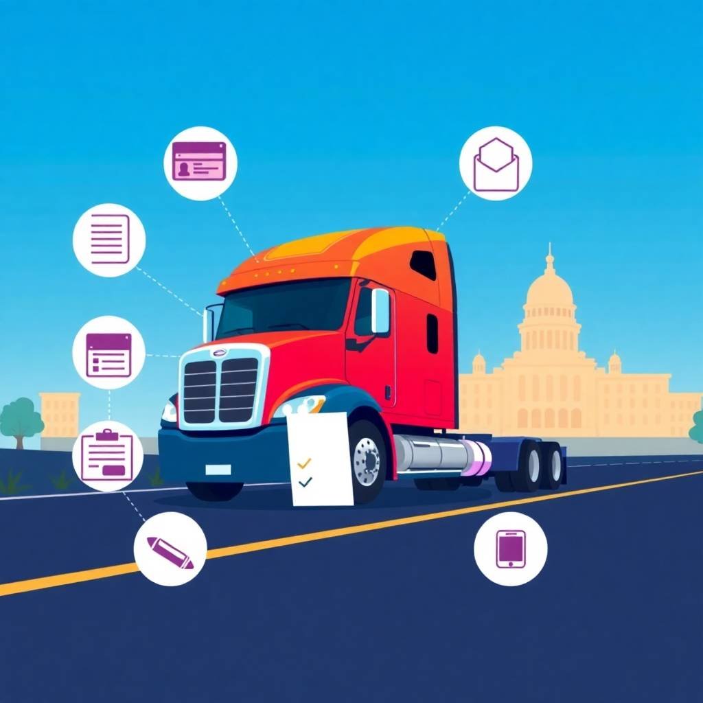 Modern red semi-truck with checklist and compliance icons in front of a government building, symbolizing Random DOT Drug Testing Requirements
