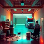 DOT officer inspecting a truck in a warehouse while paperwork is scattered on the floor, illustrating issues with Random DOT Drug Testing Requirements