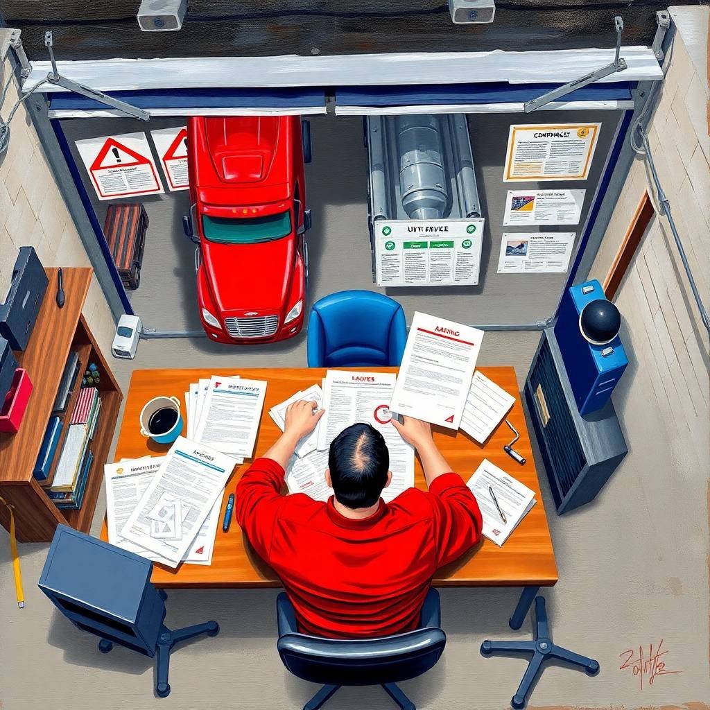 A trucking company owner reviews audit papers at a cluttered desk in response to Random DOT Drug Testing Requirements