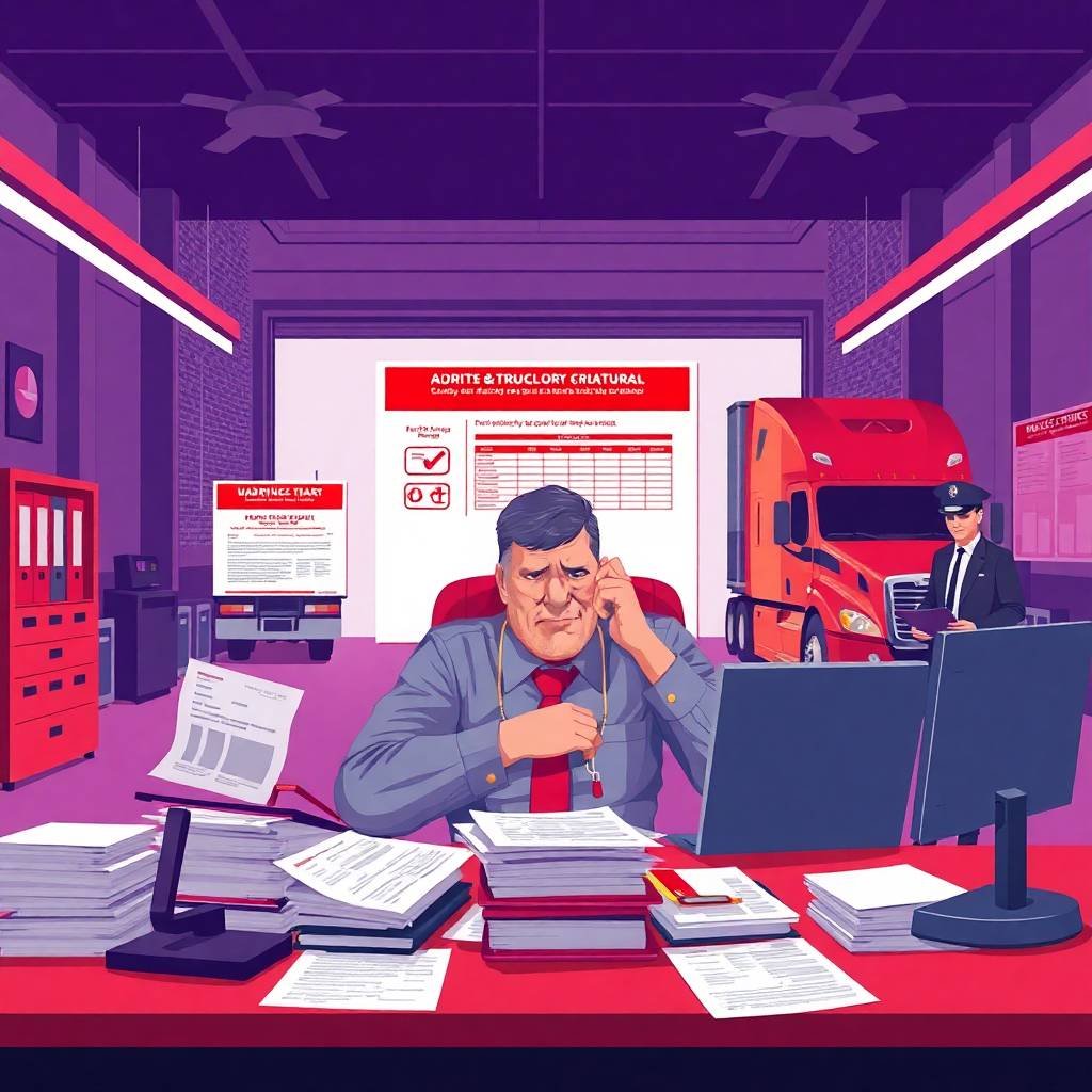 Frustrated trucking company manager at a cluttered desk with audit papers, compliance charts, and a DOT officer inspecting a red semi-truck, illustrating Random DOT Drug Testing Requirements