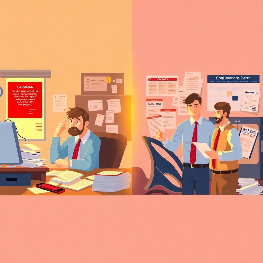 Two scenes showing trucking professionals handling paperwork and compliance warnings, focusing on Random DOT Drug Testing Requirements