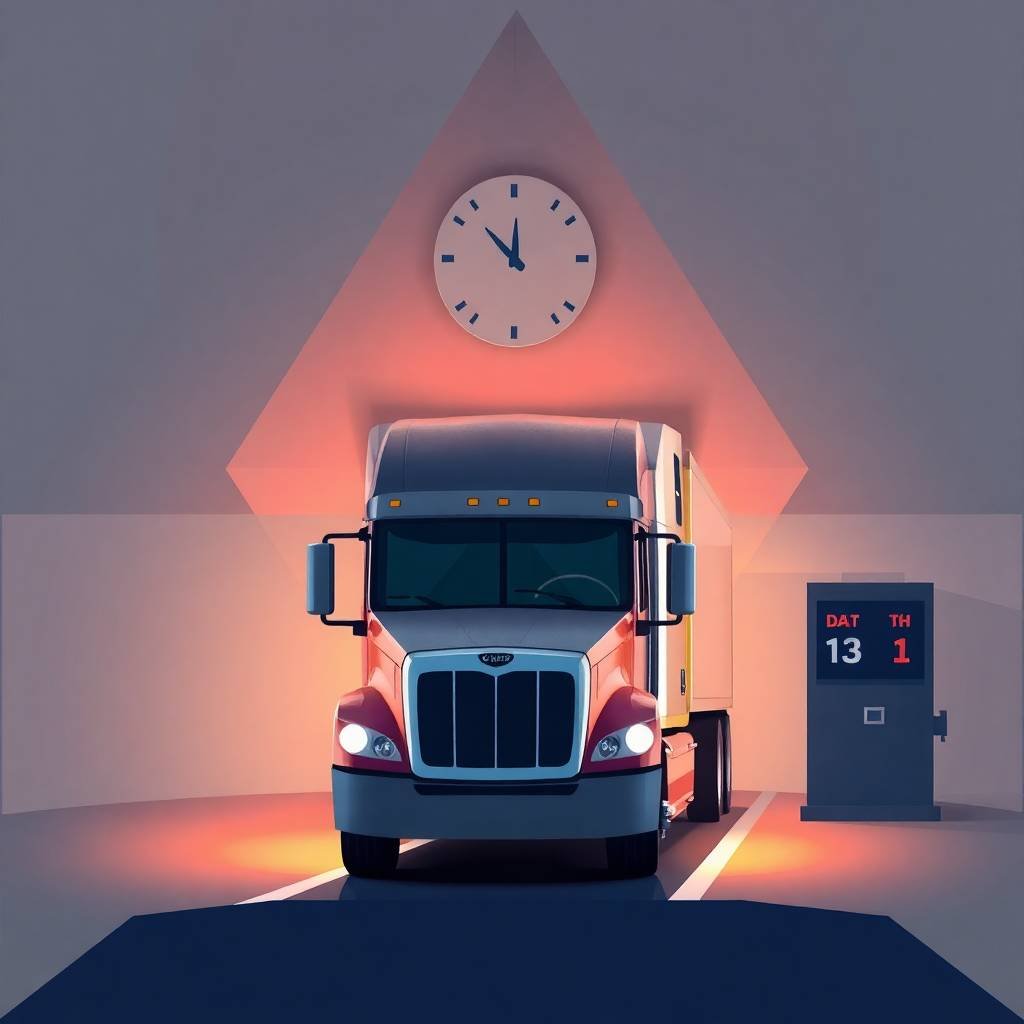 A semi-truck parked at a rest stop with a large wall clock, symbolizing time management and owner-operator compliance help