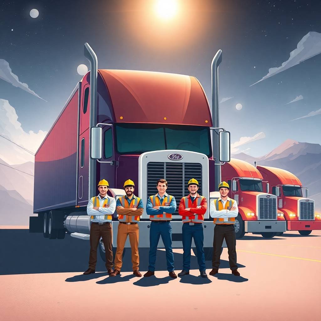 A team of truck drivers standing proudly in front of their fleet, symbolizing the importance of avoiding FMCSA Compliance Mistakes