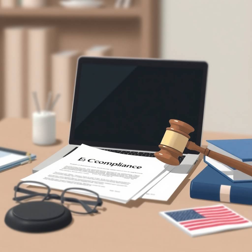 Illustration of a legal desktop with laptop, compliance documents, gavel, and U.S. flag—depicting Terms of Service FMCSA compliance.