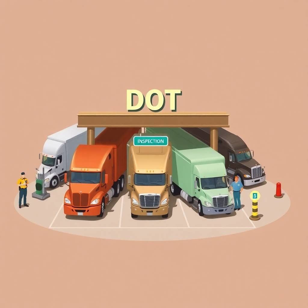 DOT inspection station with trucks and officers representing Terms of Service FMCSA compliance.