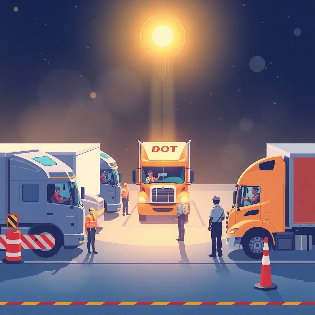 DOT truck inspection station with officers and drivers under spotlight—illustration representing Terms of Service FMCSA compliance.