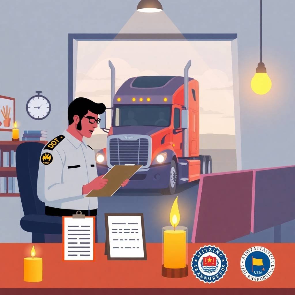 DOT officer reviews documents by candlelight in trucking office, emphasizing UCR Filing Deadlines urgency.