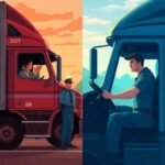 Split-screen illustration showing two trucking scenarios—one with a DOT officer confronting a driver, the other with a compliant driver—highlighting the impact of UCR Filing Deadlines.