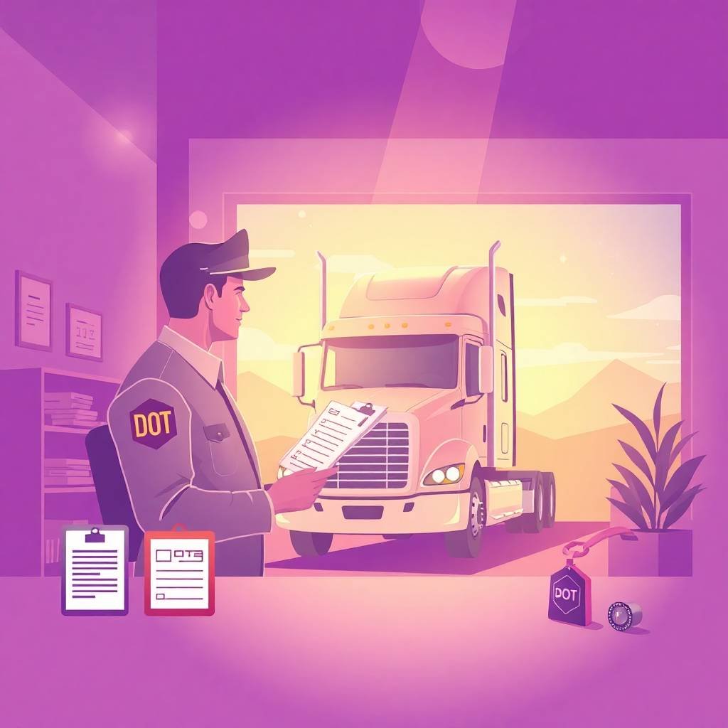 DOT officer inspects checklist in front of a semi-truck at sunset, emphasizing importance of UCR Filing Deadlines.