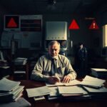 Stressed trucking company owner overwhelmed by paperwork in an office setting, symbolizing challenges related to UCR Filing Deadlines.