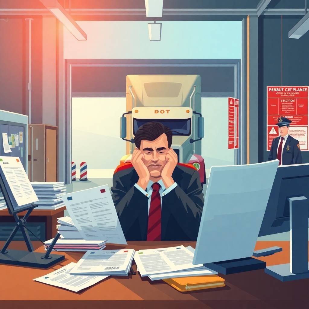 Stressed trucking owner overwhelmed by paperwork due to missed UCR Filing Deadlines.
