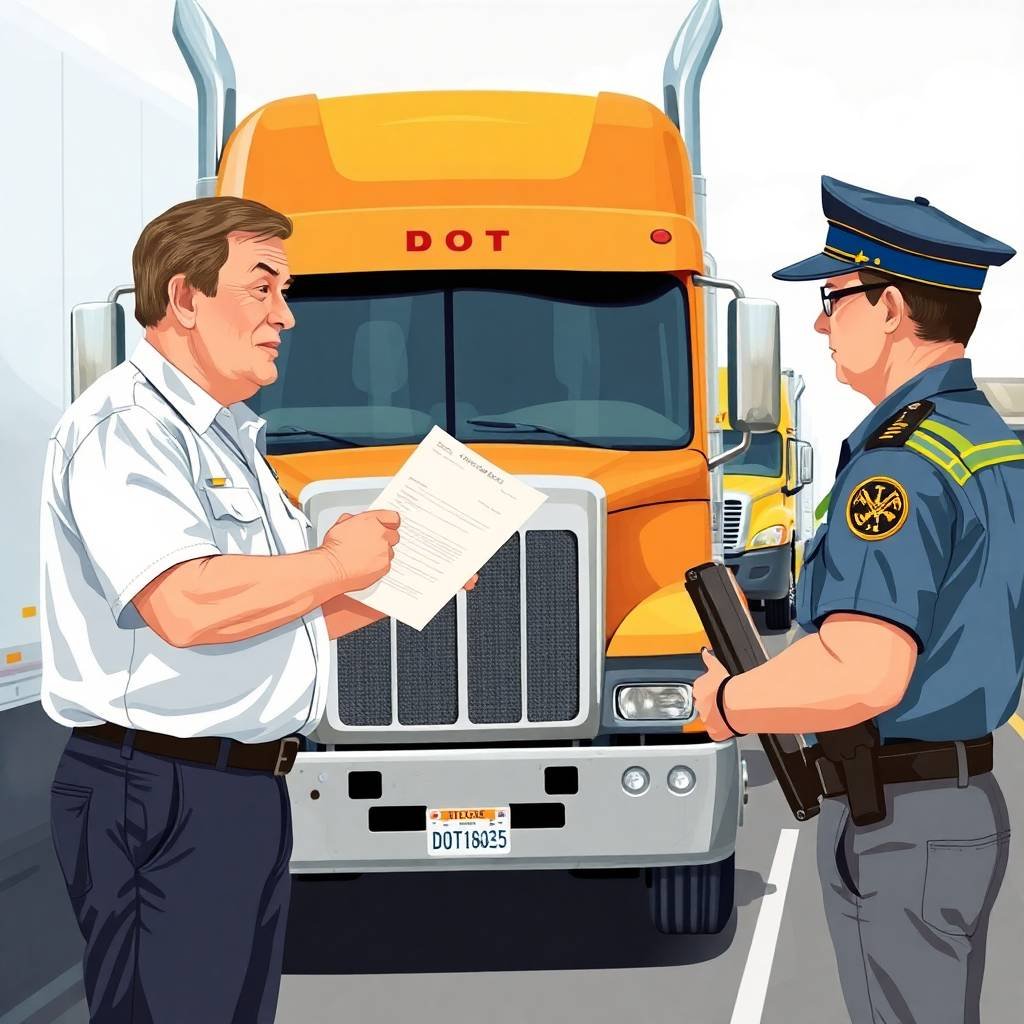 Truck driver hands paperwork to DOT officer during roadside check focused on UCR Filing Deadlines.