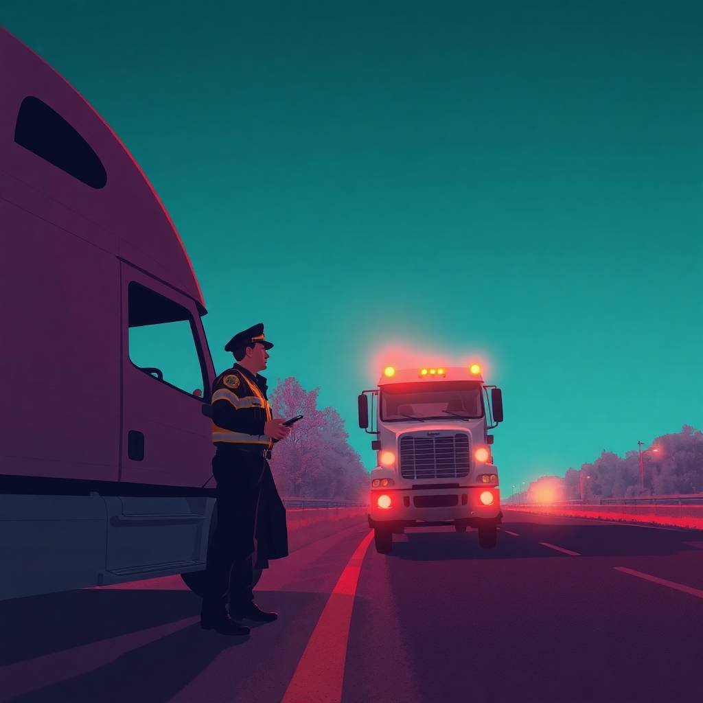 DOT officer conducts a roadside inspection of a truck under surreal infrared lighting, highlighting UCR Filing Deadlines.