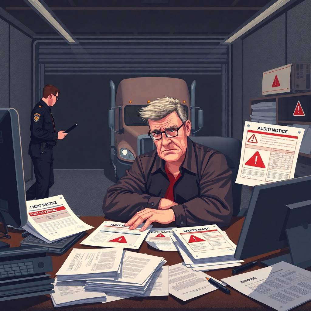 Stressed trucking company owner overwhelmed by paperwork and audit notices, highlighting consequences of missing UCR Filing Deadlines.