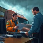 DOT officer and fleet manager reviewing documents outdoors, highlighting Understanding HOS Rules for Drivers during a compliance inspection.