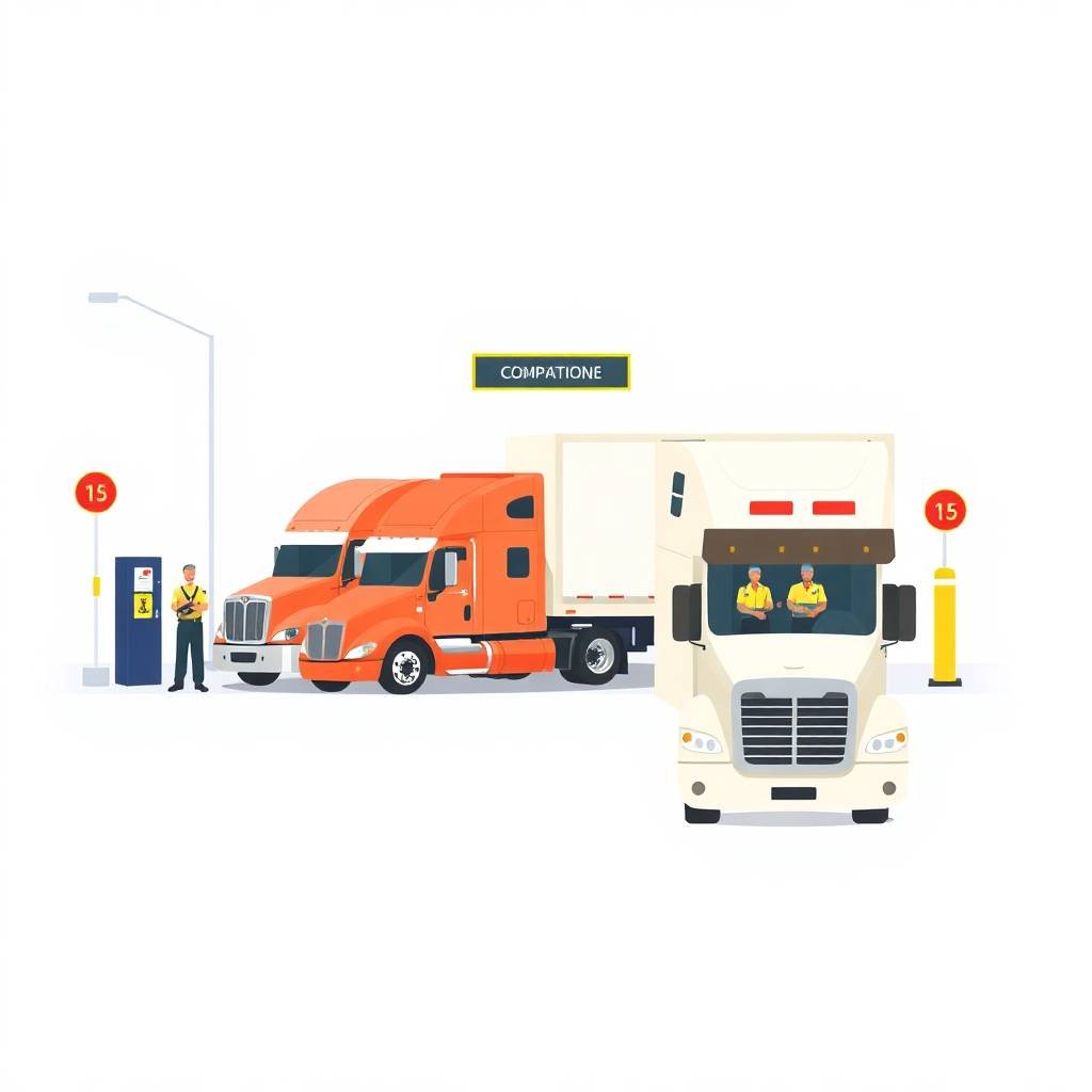 Unified Carrier Registration (UCR) FAQs at DOT inspection station with trucks being checked