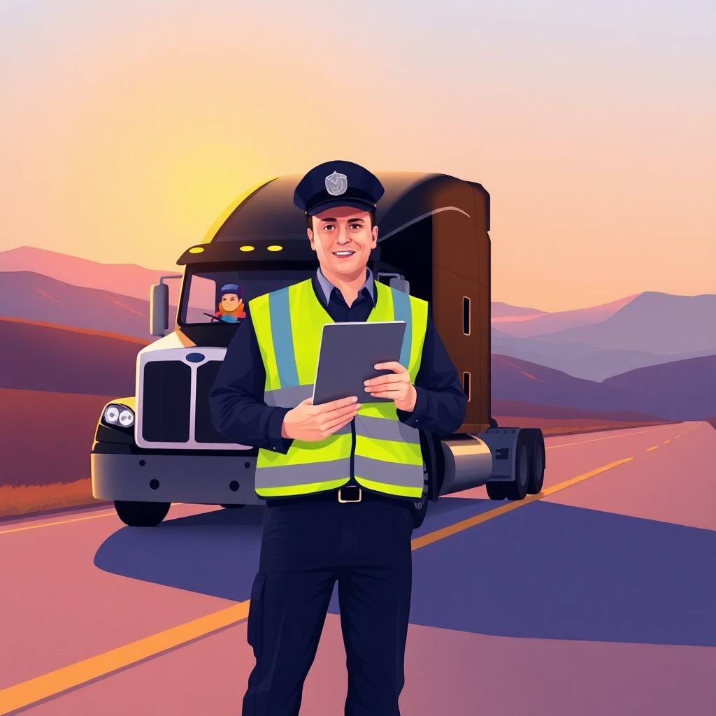 Unified Carrier Registration (UCR) FAQs DOT officer with tablet and truck at sunset