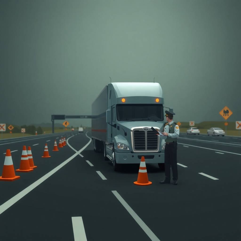 Unified Carrier Registration (UCR) FAQs DOT officer inspecting semi-truck at highway checkpoint