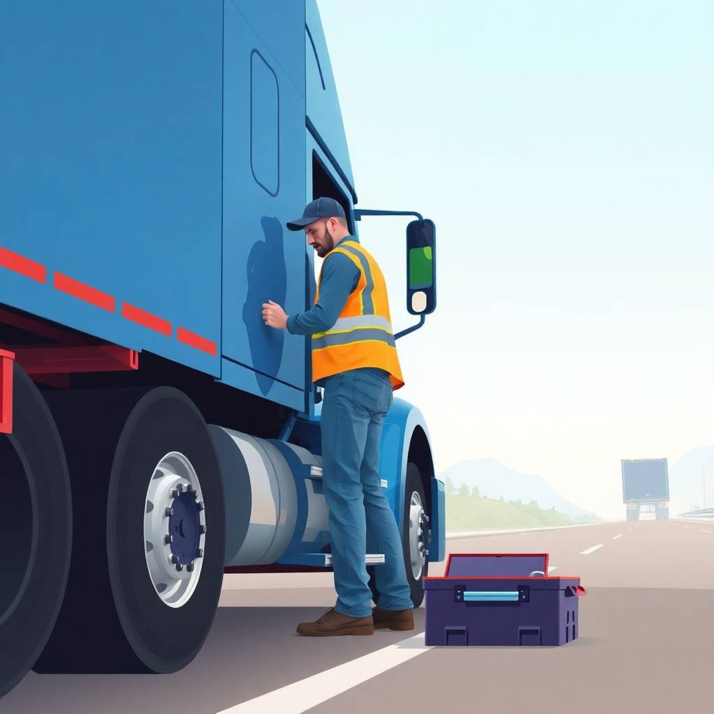 Unified Carrier Registration (UCR) FAQs visual of a truck driver inspecting a blue semi-truck roadside