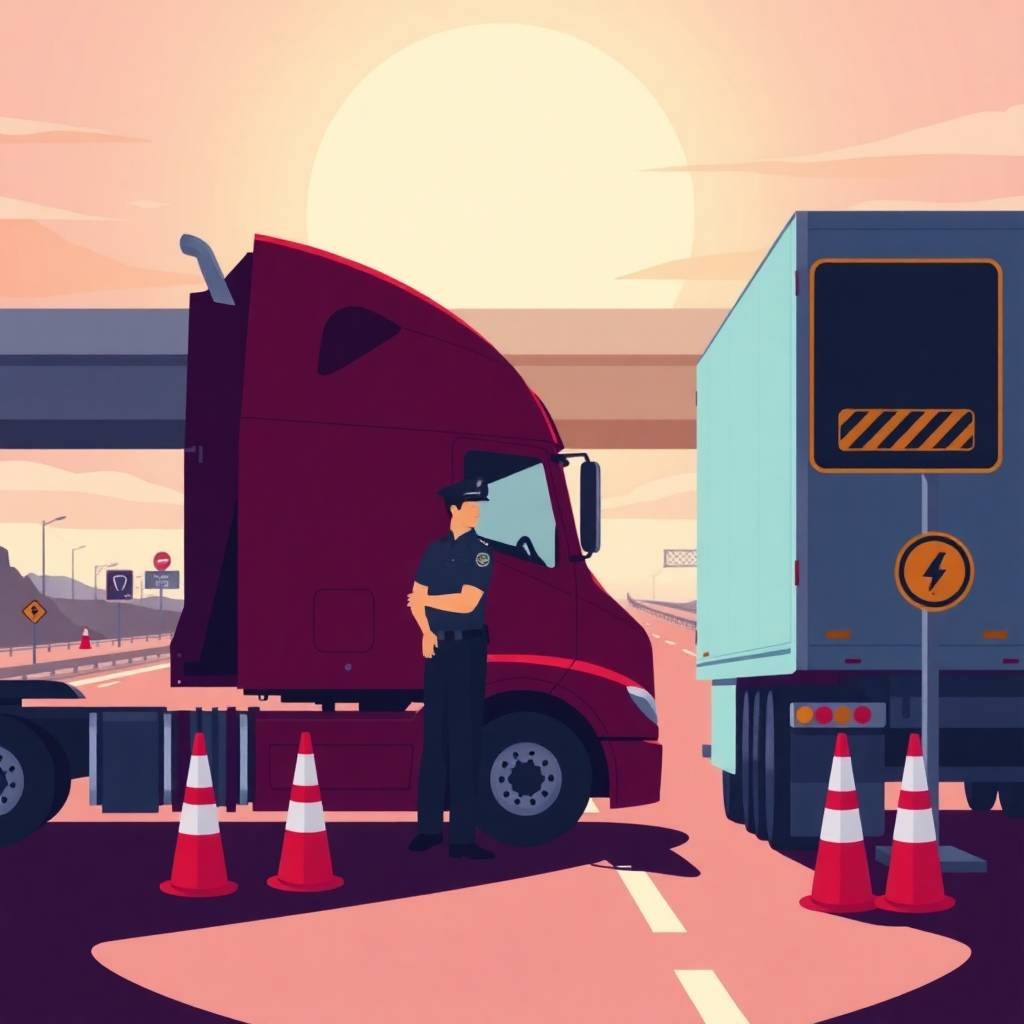 Unified Carrier Registration (UCR) FAQs DOT officer inspecting truck at roadside checkpoint during sunset