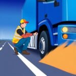 Unified Carrier Registration (UCR) FAQs scene showing a truck driver checking a blue semi-truck tire roadside
