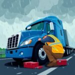 Unified Carrier Registration (UCR) FAQs blue semi-truck in the rain with a driver checking a tire in a high-vis vest