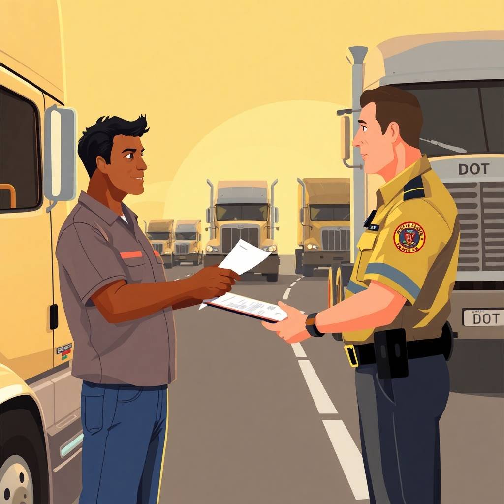 Unified Carrier Registration (UCR) FAQs during a roadside inspection between truck driver and DOT officer