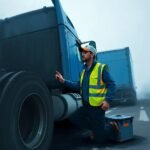 Unified Carrier Registration (UCR) FAQs visual of a truck driver inspecting a blue semi-truck tire in a misty roadside scene