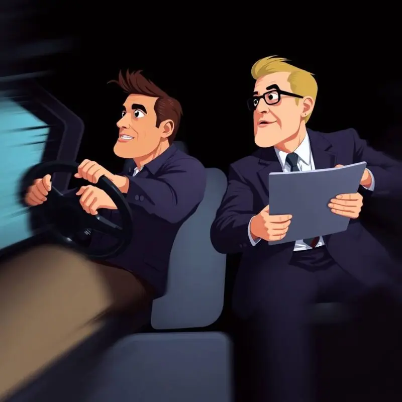 Flat illustration of a worried truck driver and deceptive consultant mid-ride, symbolizing FMCSA Account Scams.