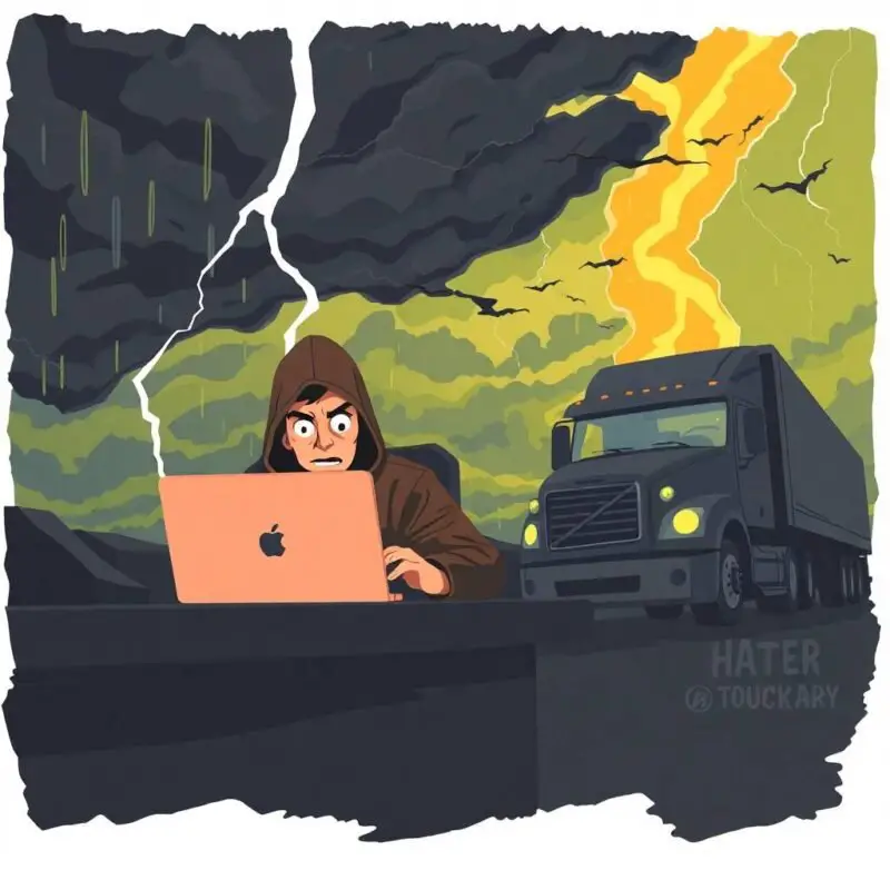 Flat illustration of a hacker stealing FMCSA login credentials from a truck driver, representing FMCSA Account Scams