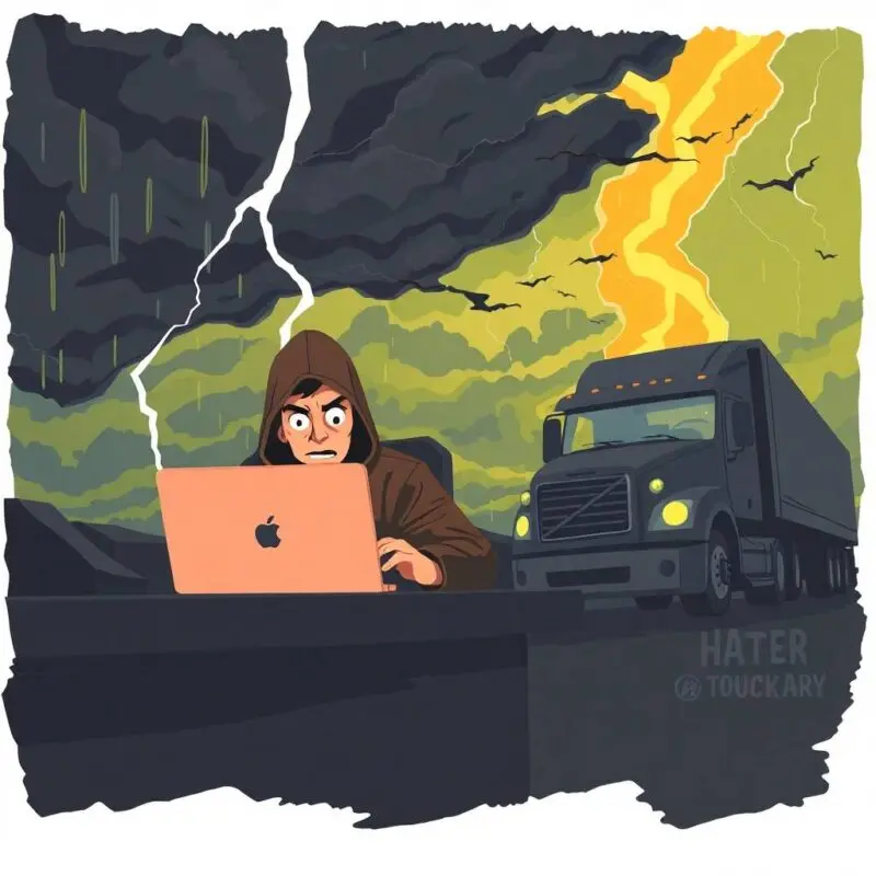 Flat illustration of a hacker stealing FMCSA login credentials from a truck driver, representing FMCSA Account Scams