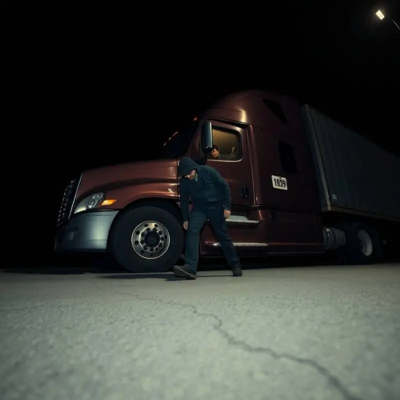 Trucker distracted inside his semi while a hooded figure sneaks near the vehicle, illustrating FMCSA Account Scams at night.