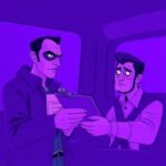 Shady figure with clipboard confronts a concerned truck driver in surreal purple tones, symbolizing FMCSA Account Scams.