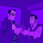 Shady figure with clipboard confronts a concerned truck driver in surreal purple tones, symbolizing FMCSA Account Scams.