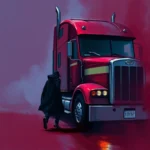 Cloaked figure sneaking toward a red semi-truck, symbolizing FMCSA Account Scams in a moody and mysterious setting.